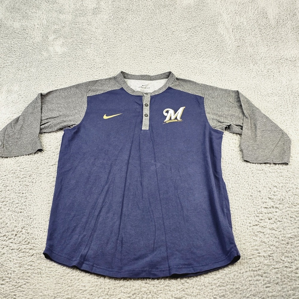 Milwaukee‎ Brewers Shirt Mens Medium Blue Nike Dri Fit Henley Half Sleeve MLB